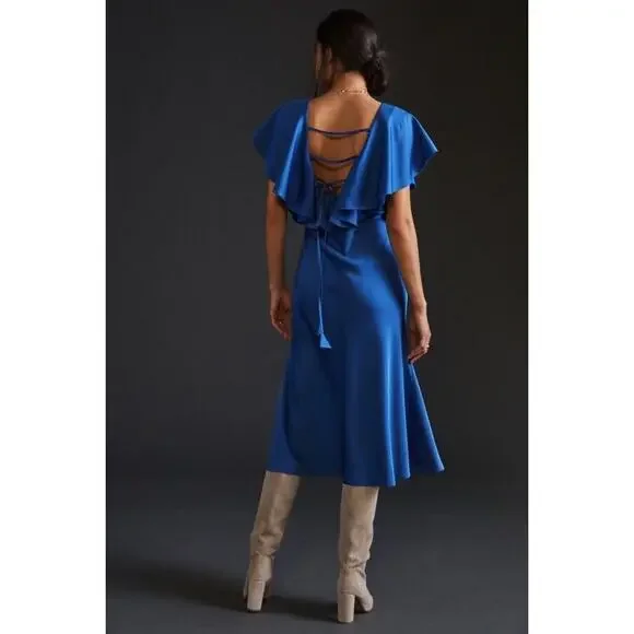 Sachin + Babi For Anthropologie Midi Dress Deep V-Neck Ruffle Blue Size 10P - Picture 3 of 12